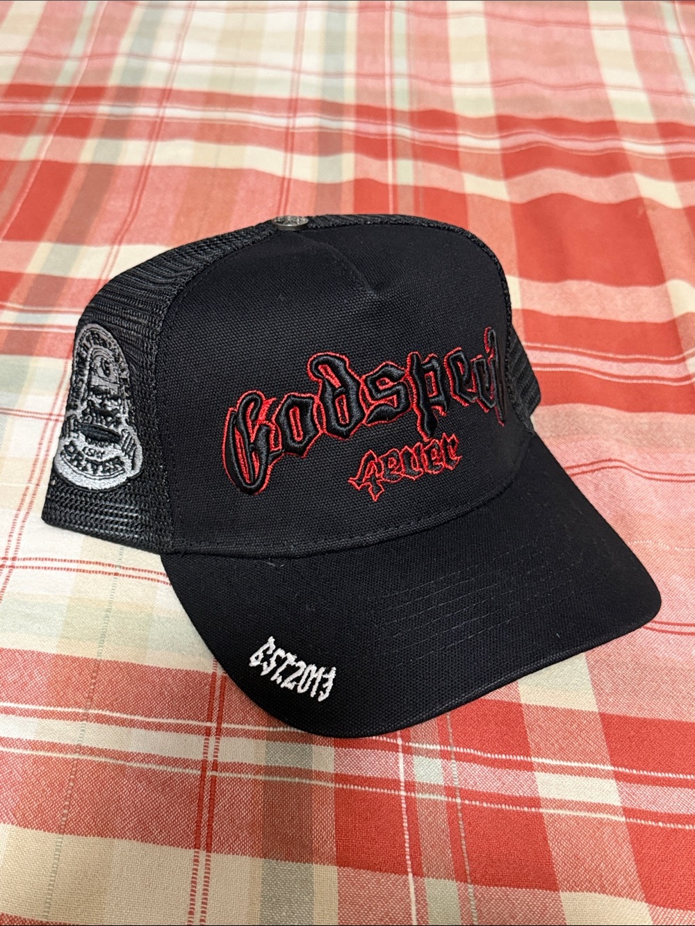 Black Trucker Hat with Red Gothic Embroidery